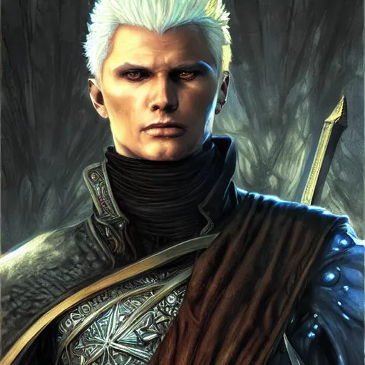 Image similar to Vergil from DMC as a fantasy D&D character, portrait art by Donato Giancola and James Gurney, digital art, trending on artstation