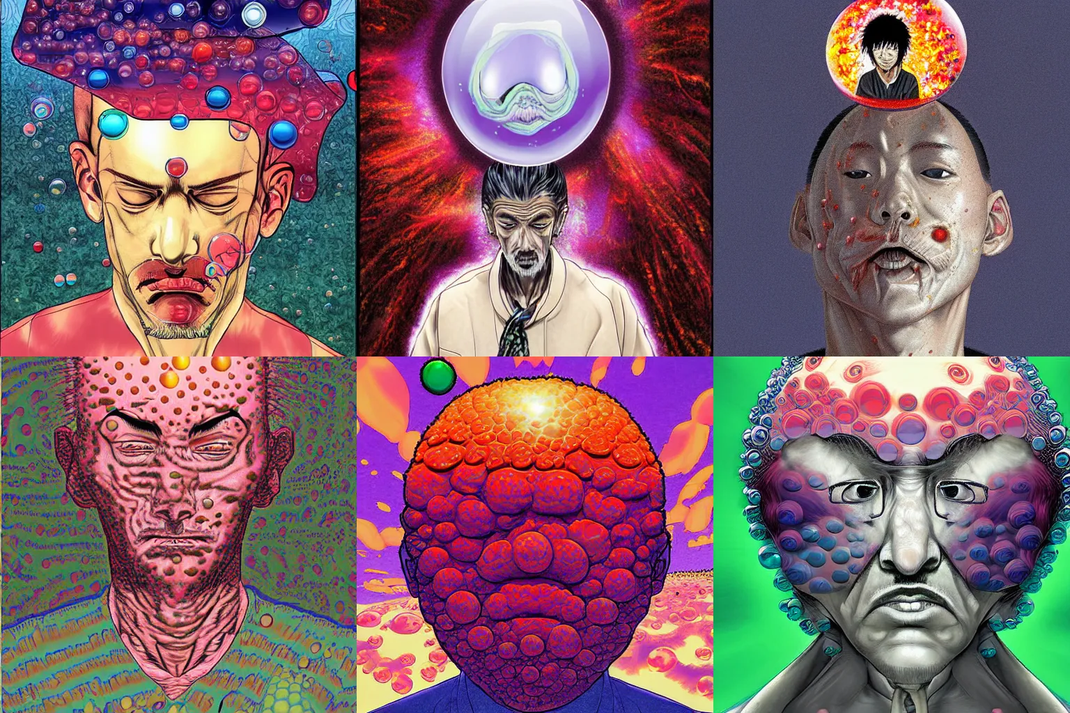 Prompt: a man with a bubble of flesh growing out of his head, by takehiko inoue, psychedelic masterpiece digital painting