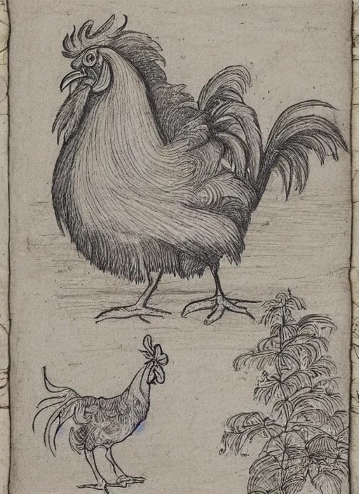 Image similar to a detailed, intricate drawing on parchment with white highlights of a rooster on a beach, by albrecht durer