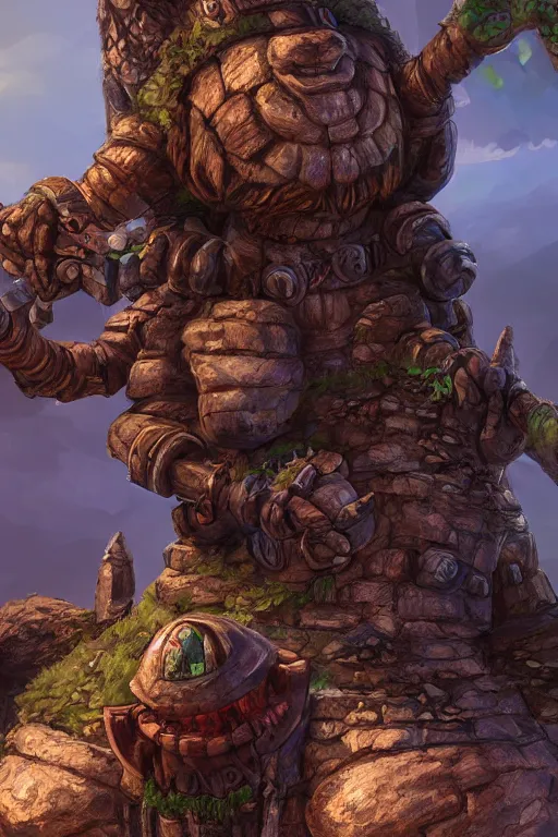 Image similar to zelda fantasy art giant golem troll wood rock greeble gemstone, global illumination ray tracing hdr fanart arstation by sung choi and eric pfeiffer and gabriel garza and casper konefal