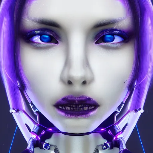 Image similar to headshot artwork of a cyberpunk woman wearing thick steel choker around neck, 4K, detailed face, collar on neck, realistic, artstation, neon purple, purple,