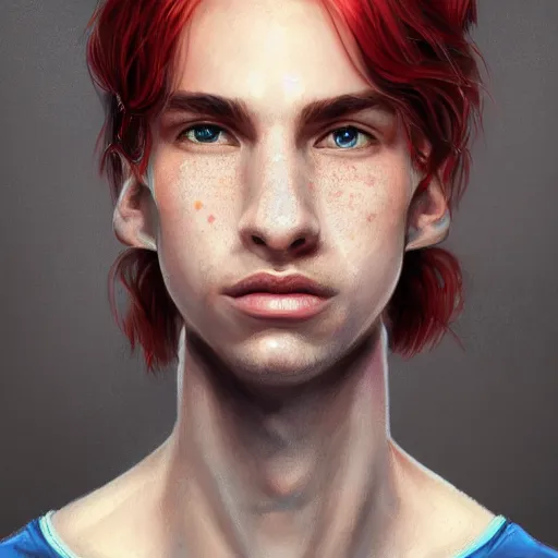 Image similar to portrait of a thin young man with long red hair, ponytail, a lot of freckles on his face, an earring, intricate, elegant, glowing lights, highly detailed, digital painting, artstation, concept art, smooth, sharp focus, illustration