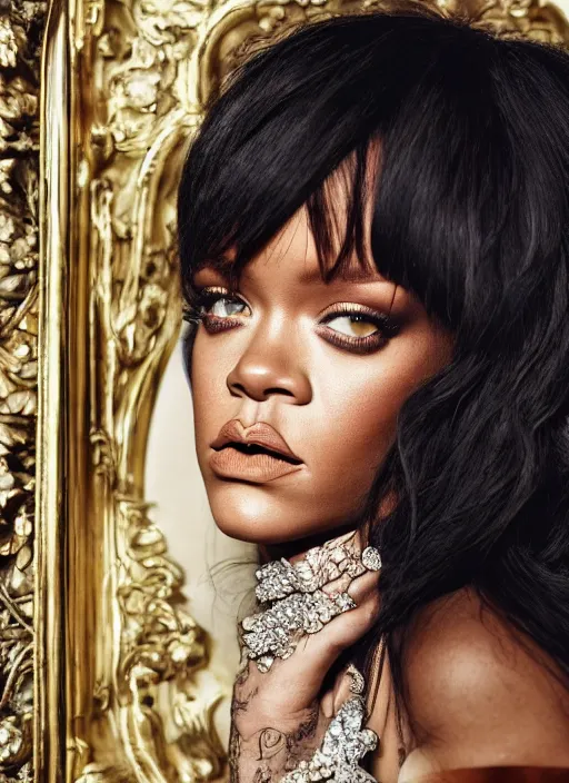 Image similar to rihanna styled by nick knight posing in an expensive mansion setting, vogue magazine, highly realistic. high resolution. highly detailed. dramatic. 8 k. 4 k.