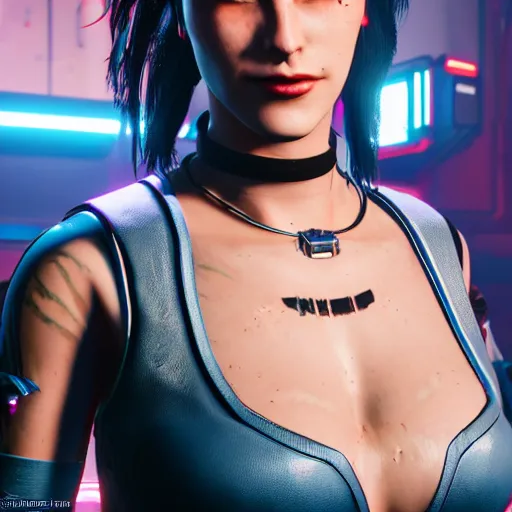 Image similar to female V from Cyberpunk 2077 wearing spiked choker, collar, 4K