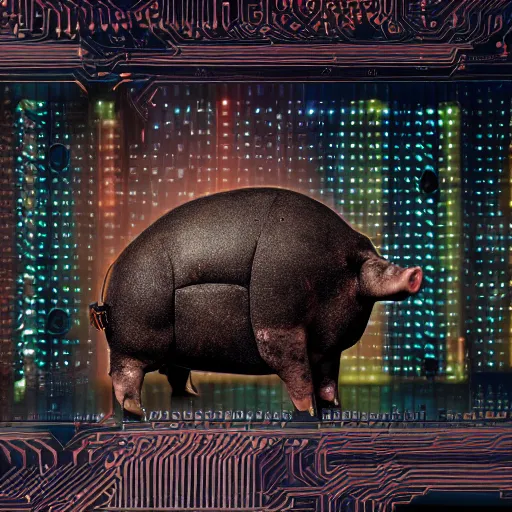 Image similar to a portrait photograph of a big aggressive male cyberpunk pig, circuit boards, motherboard, mainboard, wires, cable management, electrical wires, activity lights, cyberpunk, artstation, detail, hyperrealistic, digital photograph, natural light canon eos c 3 0 0, ƒ 1. 8, 3 5 mm, 8 k