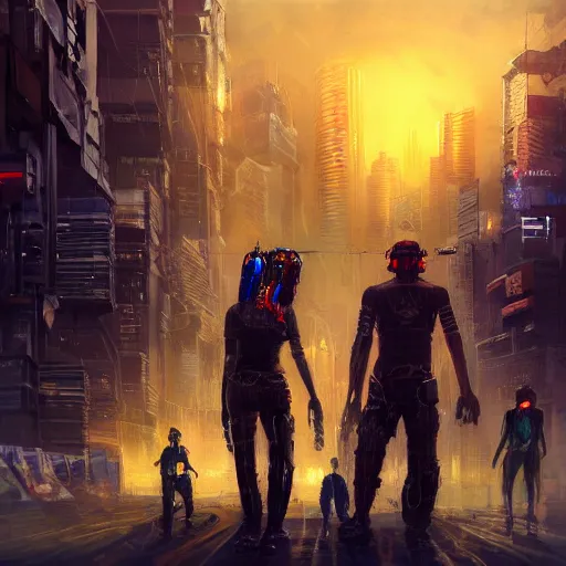 Image similar to cyberpunk city, street vendors, citizens, augmented cyborgs, robots, skyscapers, buildings, clouds, sunset, painted by seb mckinnon, high detail, digital art, trending on artstation