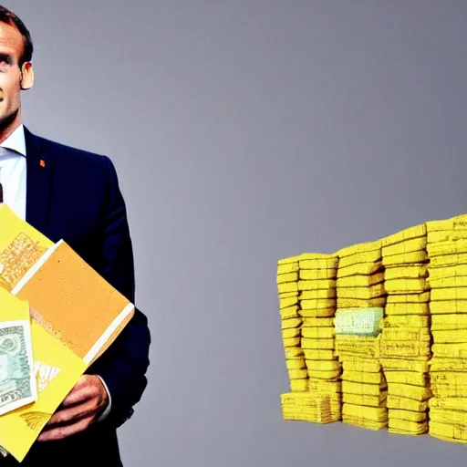 Prompt: photo of Emmanuel macron in a yellow hazmat in front of a big pile of cash on a table, bulb lighting, cinematic