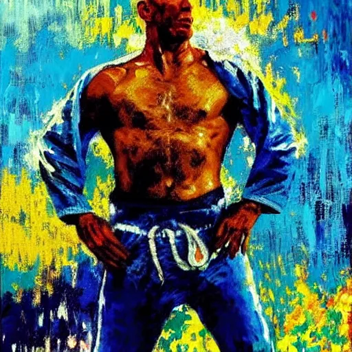 Prompt: royce gracie by leroy neiman, intricate, ultra detailed painting, atmospheric lighting, golden hour