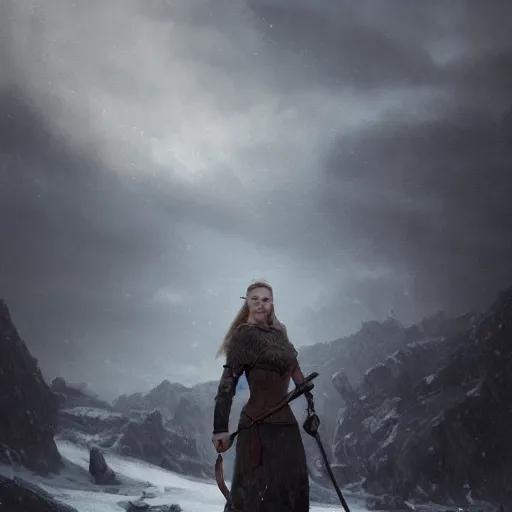 Image similar to an portrait of an female viking in blizzardy landscape, Matte painting , detailed painting, made by Greg Rutkowski, 4k resolution, atmospheric, breathtaking