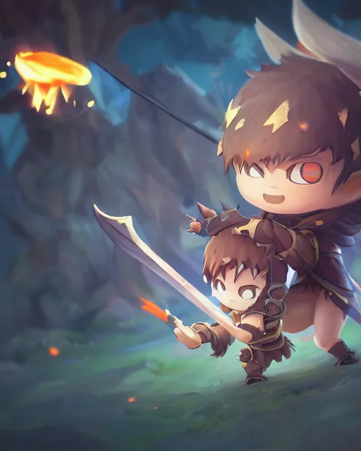 Image similar to oil painting of a cute chibi MapleStory warrior,, attacking, casting a spell with a spear, wearing a MapleStory warrior outfit, sharp focus, fantasy style, octane render, volumetric lighting, 8k high definition, by greg rutkowski, highly detailed, trending on artstation, magic the gathering artwork, Perion background from MapleStory, centered