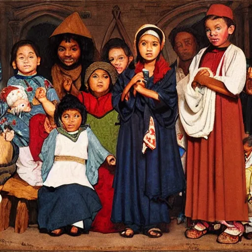 Image similar to ethnically diverse children in a church nativity play, art by normal rockwell