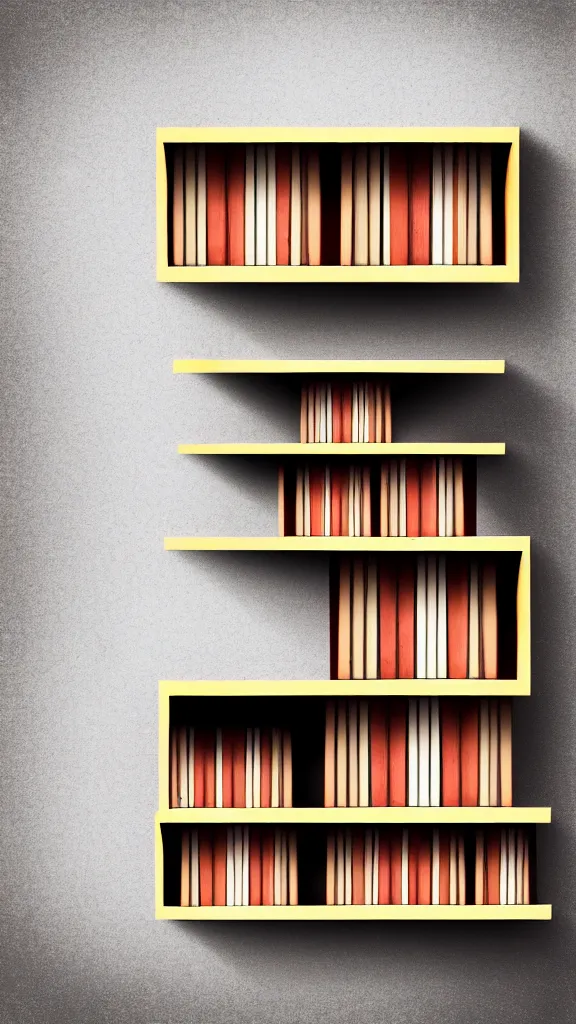 Prompt: hyper realistic one point perspective of wooden book shelf with concrete background