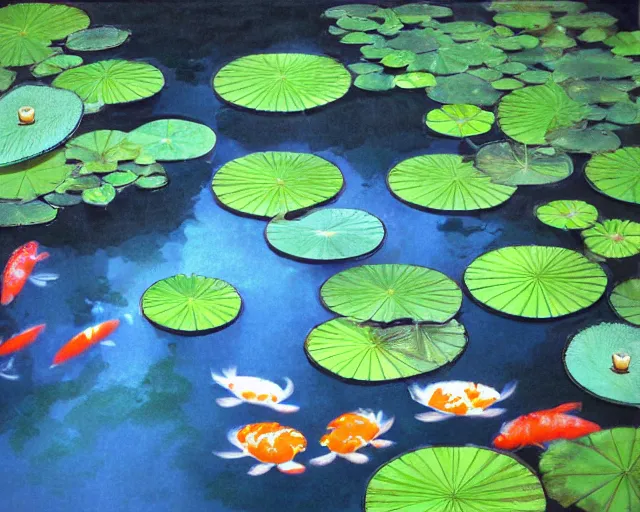 Image similar to koi pond, lotus flowers, dark blue water, green lily pads, goldfish, a fantasy digital painting by makoto shinkai and James Gurney, trending on artstation,