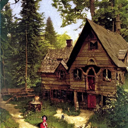 Image similar to witch cottage rococo in the forest, art by norman rockwell