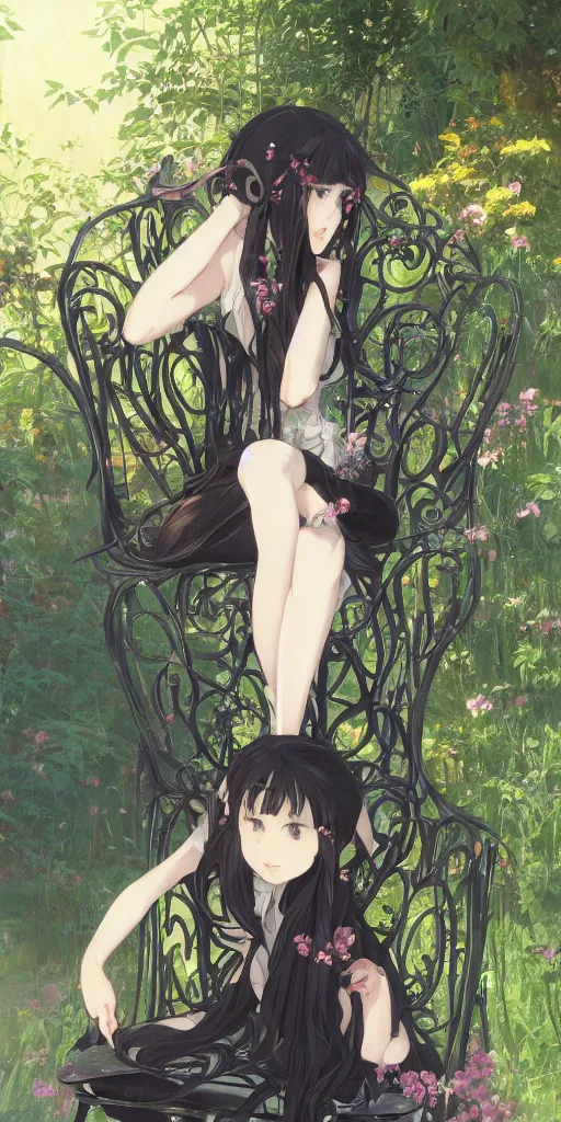 Image similar to a loli with long hair in a black dress sitting on a metal garden chair in the privet garden at afternoon, green and warm theme, back lighting, highly detailed, by krenz cushart and mucha and akihito yoshida and greg rutkowski and makoto shinkai, detailed eyes, 4 k resolution, trending on art station