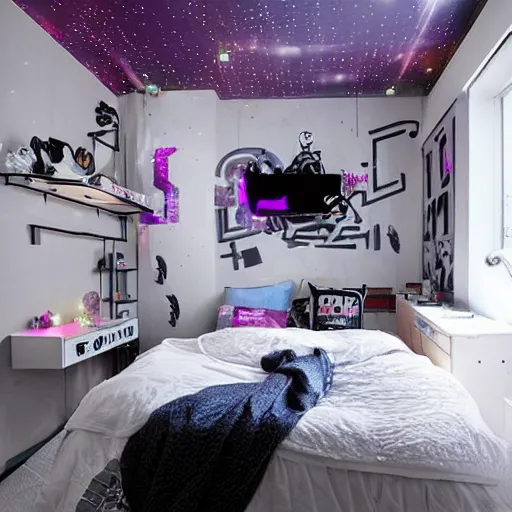 Prompt: a girl's cozy cyber punk bedroom