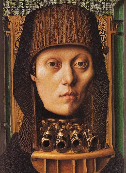 Prompt: a portrait of a half-human, half-machine cybord by Jan van Eyck