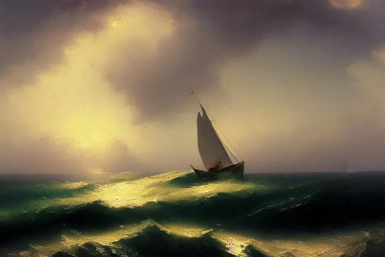 Prompt: a painting of a sailboat in the ocean by ivan aivazovsky, deviantart, american scene painting, matte painting, oil on canvas, deviantart