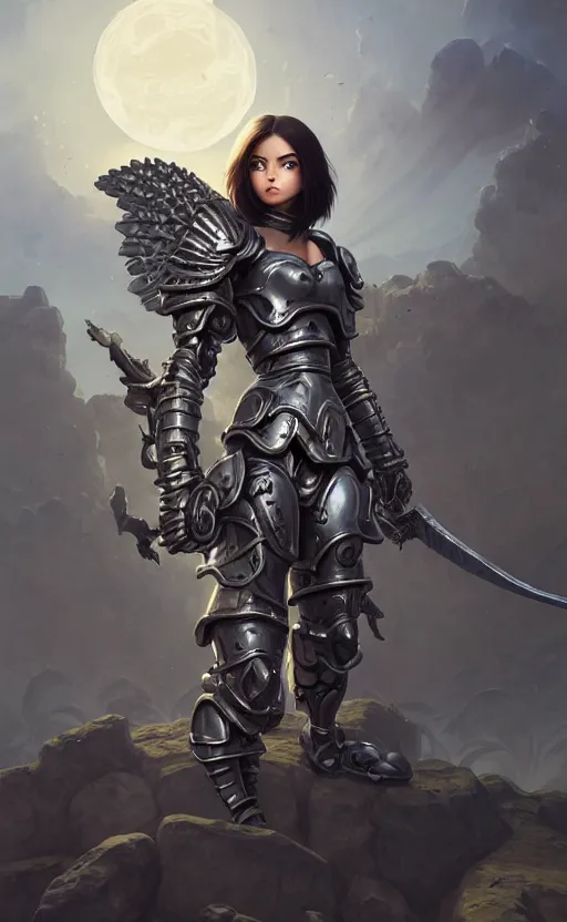 Prompt: battle angel, full armor, full body portrait, gentle, female, dark ruins landscape, d & d, fantasy, intricate, elegant, highly detailed, digital painting, white gold color palette, artstation, octane render, concept art, matte, sharp focus, illustration, hearthstone, art by artgerm and greg rutkowski and alphonse mucha