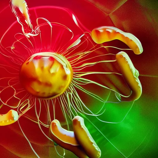 Image similar to hamburger mix jellyfish, cg, 8 k, surrealistic, sharp focus, style by andy warhol