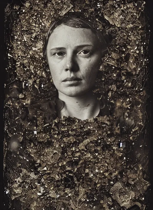 Prompt: old wetplate daguerreotype portrait wretched war by damian hirst, explosion of data fragments, fractal, intricate, elegant, highly detailed, parallax, leica, medium format, subsurface scattering, by marie harnett