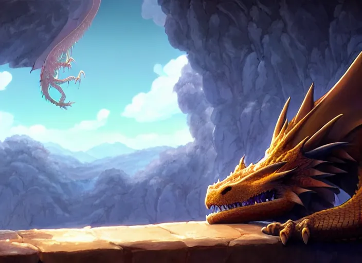 Image similar to a wholesome animation key shot of a dragon sleeping, close up, studio ghibli, pixar and disney animation, sharp, rendered in unreal engine 5, clear sky, anime key art by greg rutkowski, bloom, dramatic lighting