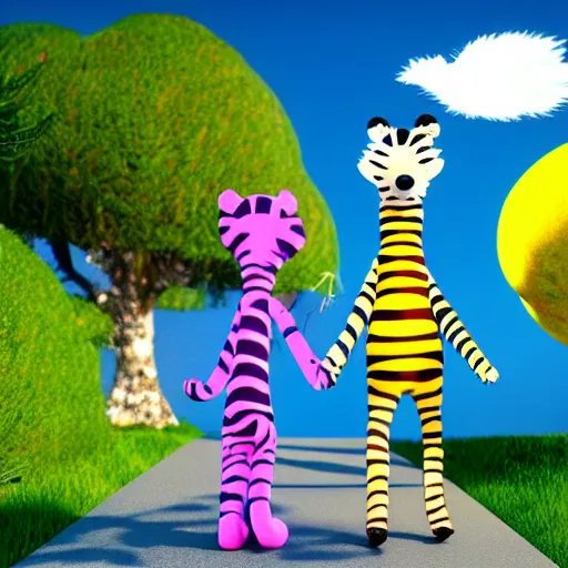 Prompt: calvin and hobbes, lisa frank style, 3 d render