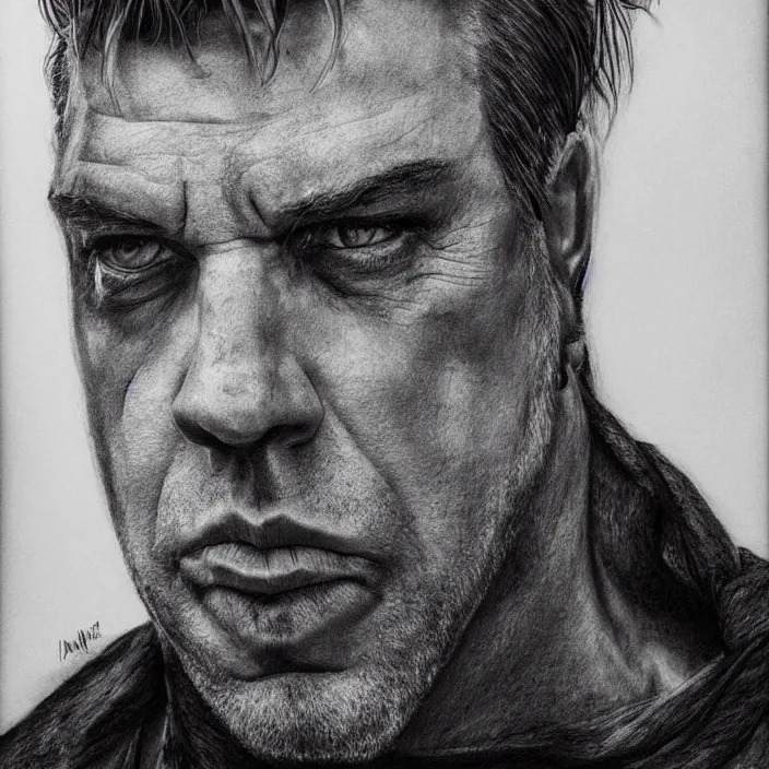 Prompt: portrait of till Lindemann. Detailed pencil drawing. trending on artstation, very coherent symmetrical artwork. He cosplays thanos. cinematic, hyper realism, high detail, iridescent accents