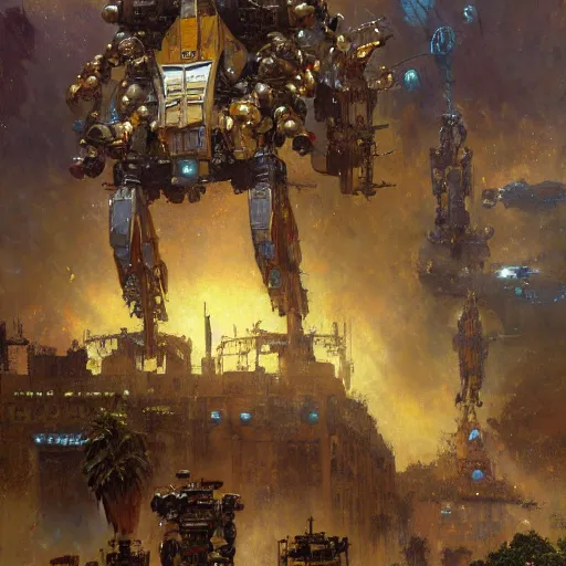 Prompt: six meters tall mech fighting in an urban environment, epic action scene, by gaston bussiere craig mullins jc leyendecker gustav klimt artgerm greg rutkowski john berkey, bergey, craig mullins, ruan jia, raymond swanland, jeremy mann, tom lovell, alex malveda, raytracing