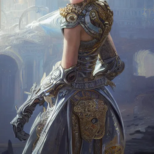 Image similar to portrait knights of Zodiac girl, silver and ice color reflected armor, in ruined Agora of Athens, ssci-fi, fantasy, intricate, very very beautiful, elegant, golden light, highly detailed, digital painting, artstation, concept art, smooth, sharp focus, illustration, art by tian zi and WLOP and alphonse mucha