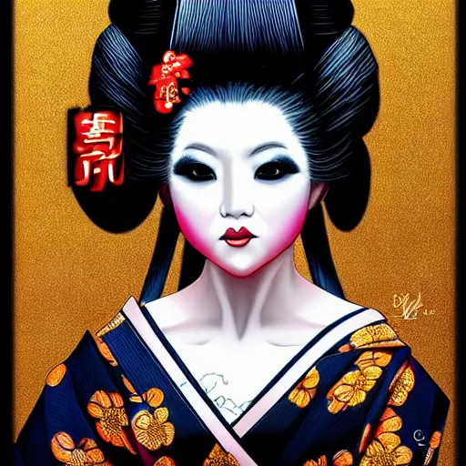 Prompt: realistic full body photo of demon geisha, gorgeous, scary, symmetrical, golden ration, high detail