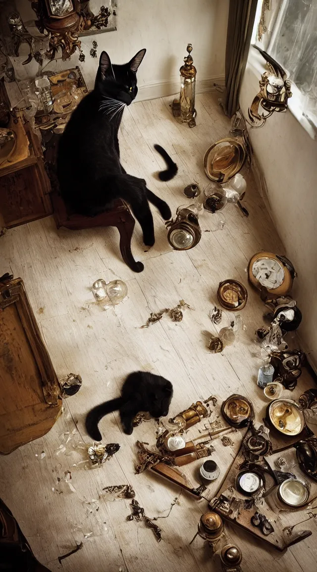 Prompt: full body protrait beautifull witch with white hair in old room. A cristal ball on a wood table with a potions and old instruments. A cat on the floor licking his paw. photorealistic, profesional photo, by Steve McCurry