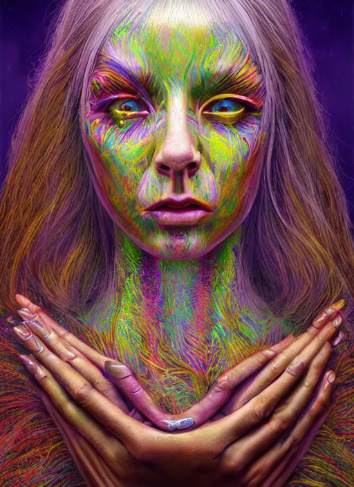 Prompt: portrait ultra dimensional cult girl shaman, accidentally tripping on dmt and acid, psychedelic experience, ascending through the fifth dimension moving at the speed of light and sitting still, ultra high definition, unreal engine 5, hyperrealism, masterpiece composition, by peter kemp, casey weldon, barclay shaw