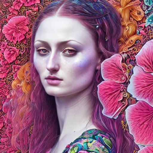 Image similar to portrait of sophie turner, hyper detailed masterpiece, neon floral pattern, jean giraud, digital art painting, darkwave goth aesthetic, psychedelic, artgerm, donato giancola and tom bagshaw