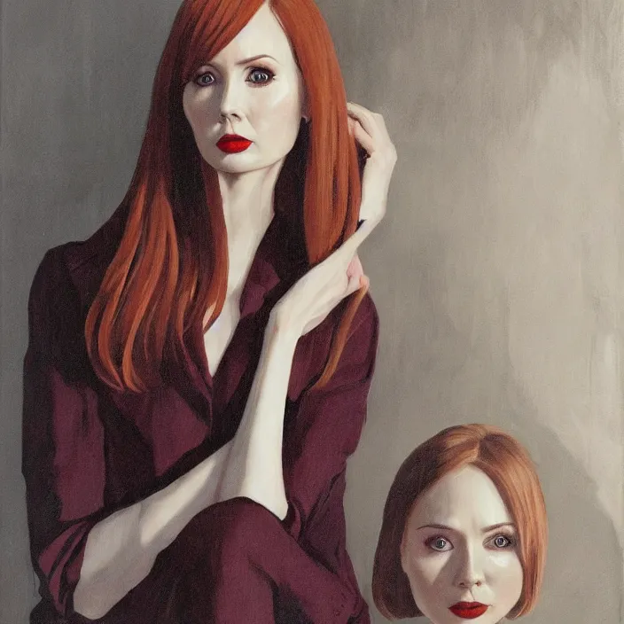 Prompt: a portrait of karen gillan, slight smile, dramatic, dark background, by mel ramos, by neale worley, by lizzie riches