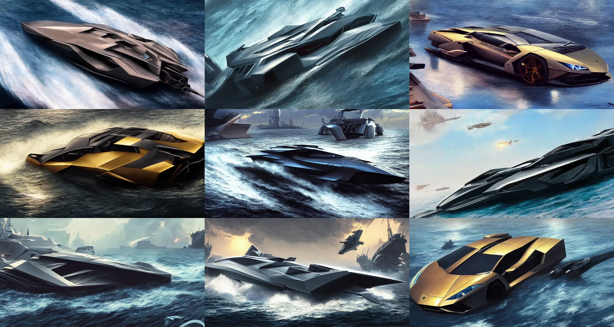Prompt: a lamborghini concept boat, battleship, ultra realistic, sci-fi, fantasy, intricate, highly detailed, digital painting, artstation, CGSociety, golden hour, epic lighting, concept art, smooth, sharp focus, art by greg rutkowski and syd mead
