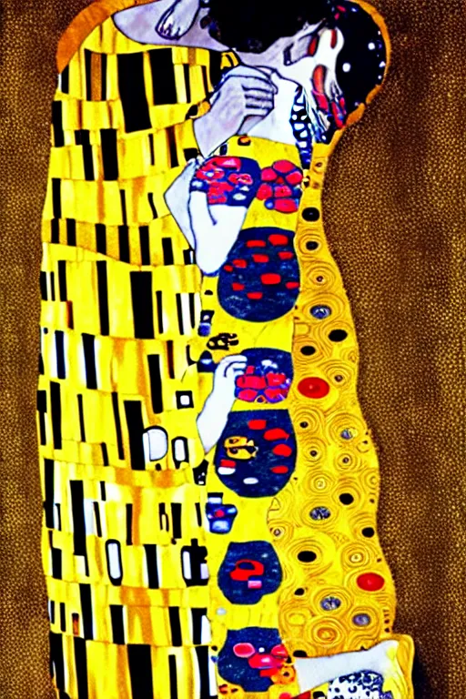 Image similar to gustav klimt the kiss with kissed Nicolas Cage face