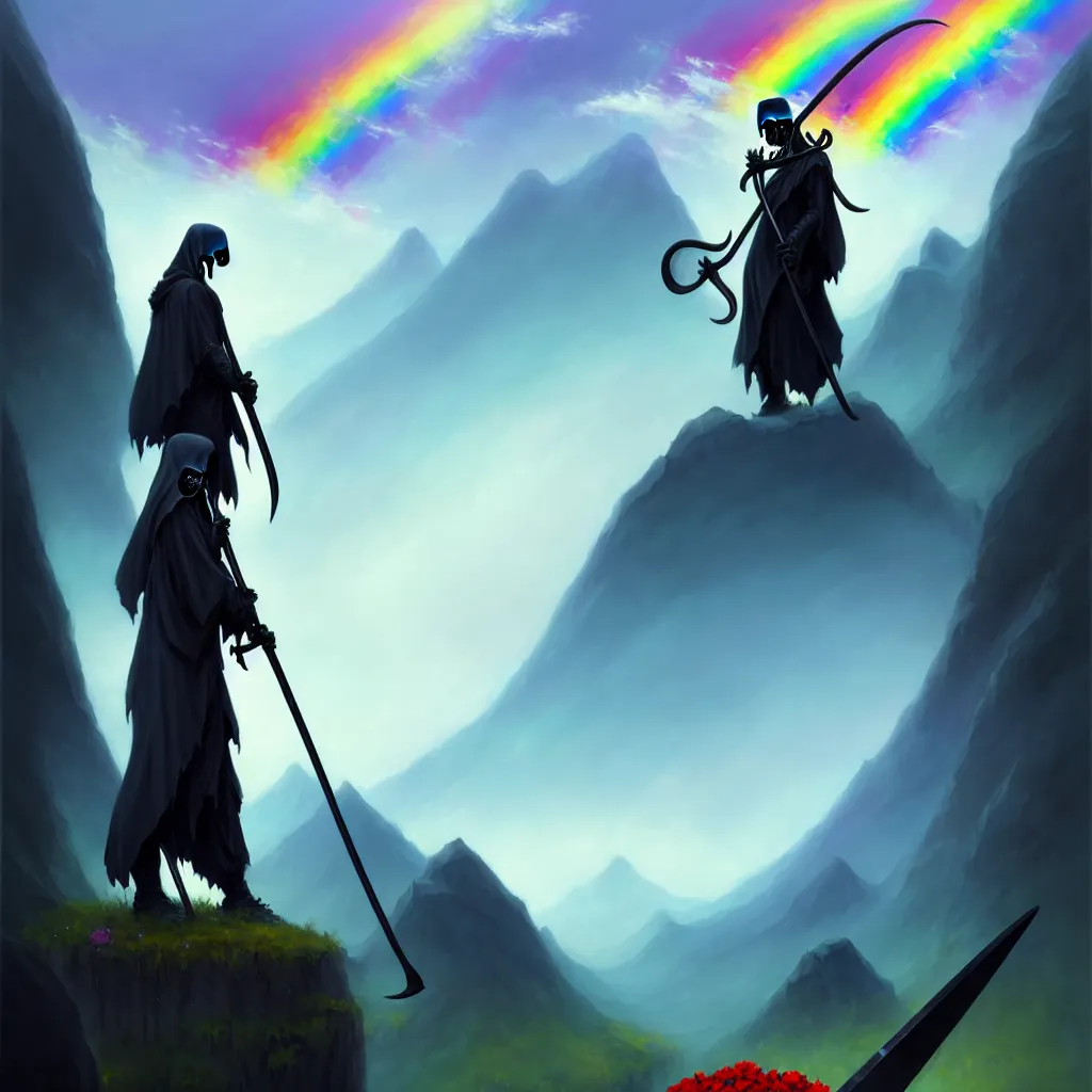 Prompt: a beautiful artwork painting of a grim reaper with a skull face holding a giant scythe, crystal flowers underneath this feet, behind him tall mountains under a rainbow is seen, by andreas rocha, featured on artstation.