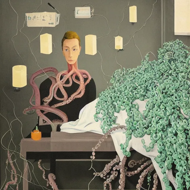 Image similar to a female pathology student in her apartment, wrapped in vines, medical equipment, candles, octopus, first aid kit, pig, black walls, ikebana, black armchair, sculpture, acrylic on canvas, surrealist, by magritte and monet