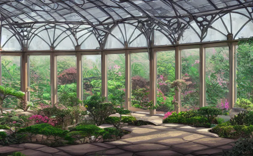 Image similar to japanese garden, huge greenhouse, sunny bay window, indoor, architecture, highly detailed, digital painting, artstation, art nouveau, concept art, sharp focus, illustration