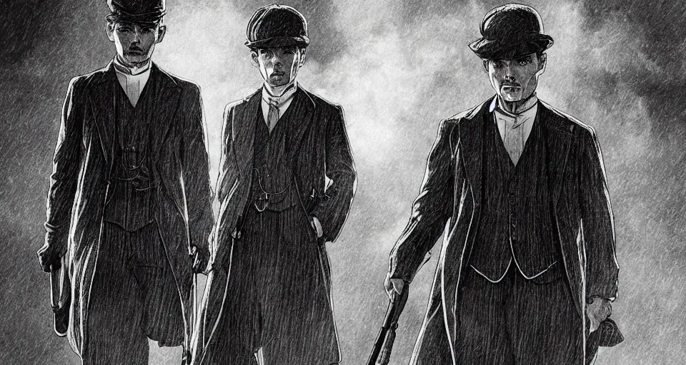 Prompt: Peaky Blinders manga, moody lighting, smoky atmosphere, gritty Edwardian background. Hoshino Yukinobu, Saito Takao, Hoshino Yukinobu