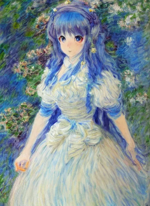 Image similar to a portrait of a princess, blue outfit, very anime in impressionist style, trending artwork, anime painter studio, by claude monet