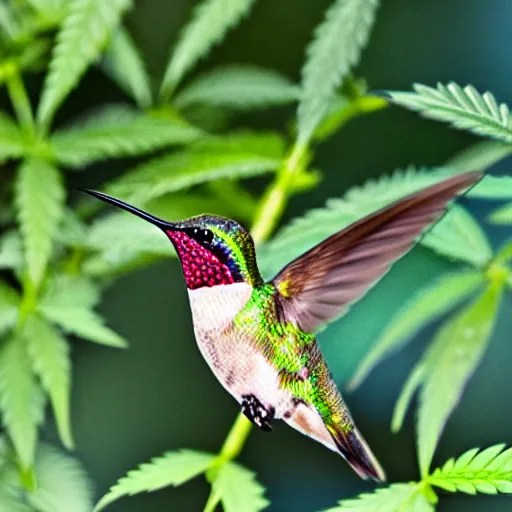 Image similar to beautiful hummingbird drinking from a marijuana plant, wildlife photography, highly detailed, high quality, 8 k, soft lighting,