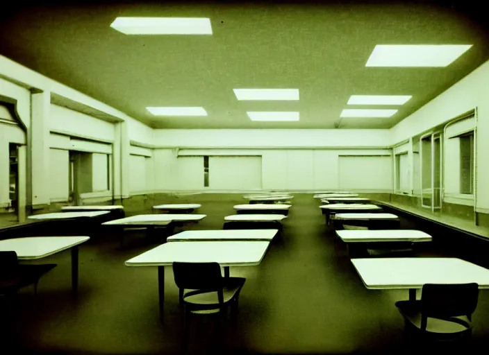 Image similar to polaroid photograph of a large white empty breakroom, retrofuturist liminal space, hundreds of old faux wood tables, crt tv mounted, trypophobia architecture, familiar place, clean, black mold, warm light, amateur, soft vintage glow, unreal engine, photorealistic, trending on artstation