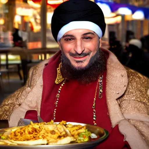 Image similar to Sultan Süleyman eating shawarma in Downtown New York, wearing big ovular turban and a luxurious Ottoman coat, gold rings and ruby crystals around finger, Ottoman Sultan, smile, cheerful, expressive, photorealistic, hyperrealism, HDR Shot, 16k