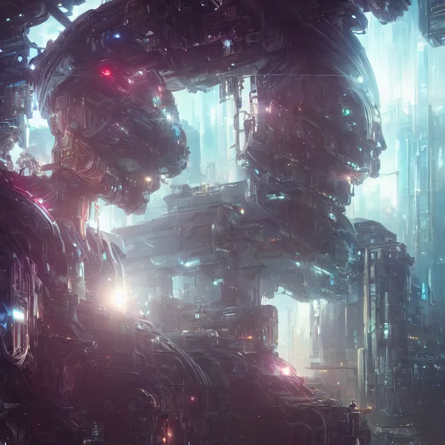 Image similar to close up portrait of cyborg in futuristic city, stephen bliss, unreal engine, fantasy art by greg rutkowski, loish, rhads, ferdinand knab, makoto shinkai and lois van baarle, ilya kuvshinov, rossdraws, tom bagshaw, global illumination, radiant light, detailed and intricate environment