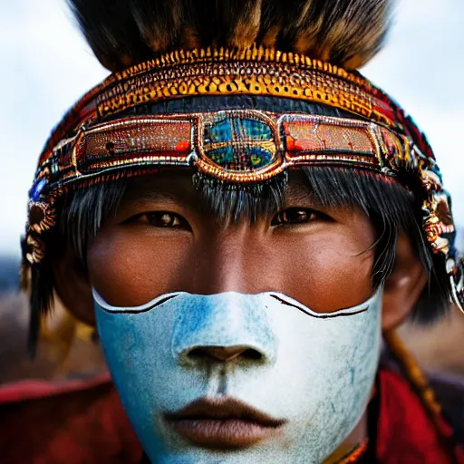 Prompt: a portrait of a beautiful young raramuri male wearing an alexander mcqueen armor , photographed by andrew thomas huang, artistic