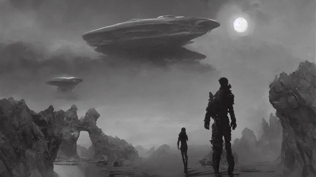 Image similar to eerie atmospheric alien worlds by john schoenherr and glenn barr, epic cinematic matte painting