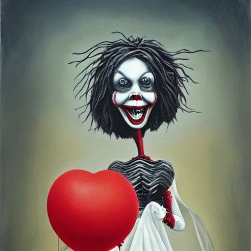 Prompt: grunge painting of big bird with a wide smile and a red balloon by chris leib, loony toons style, pennywise style, corpse bride style, horror theme, detailed, elegant, intricate