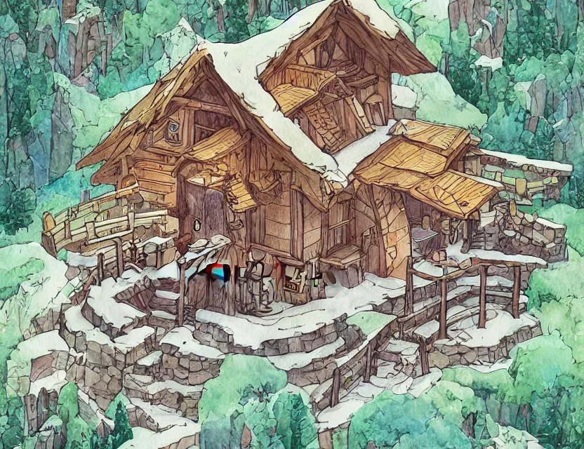 Image similar to cute and funny, a magicians cabin carved into a mountain, centered award winning watercolor pen illustration, isometric illustration by chihiro iwasaki, edited by range murata, sharply focused